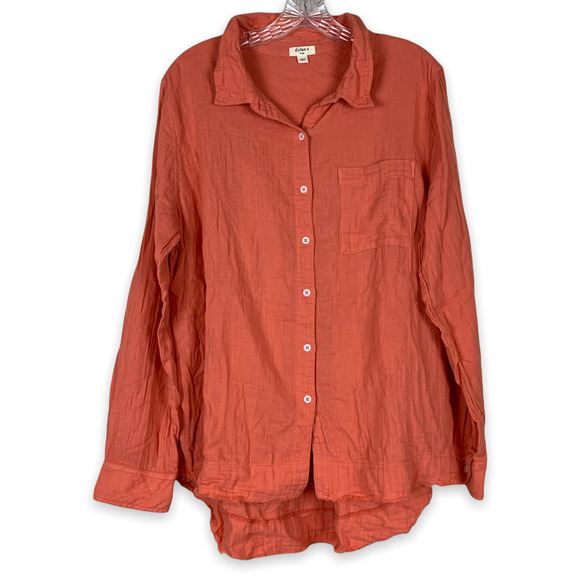 Dylan orange/red button down, frayed hem blouse - Picture 1 of 9